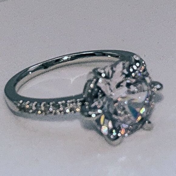 Silver Tone Round Cut Cubic Zirconia Engagement Ring - Picture 2 of 5